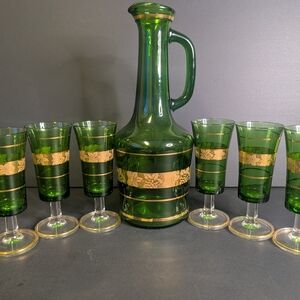 Elegant Green and Gold Glass Decanter Set